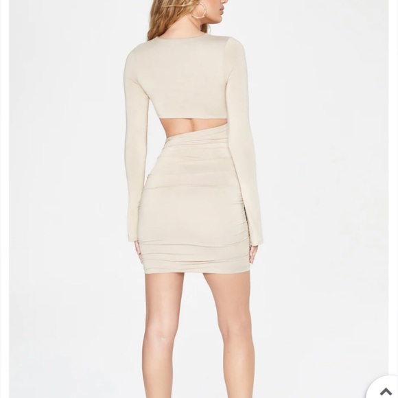 Oh Polly Long Sleeve Twist Neckline Cut Out Mini Dress in Beige - Picture 2 of 5